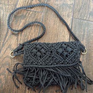 Black Woven Fringe Crossbody Bag